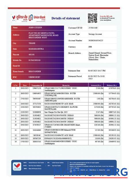 Downloadable India Union Bank of India account statement word version 3 download for verification